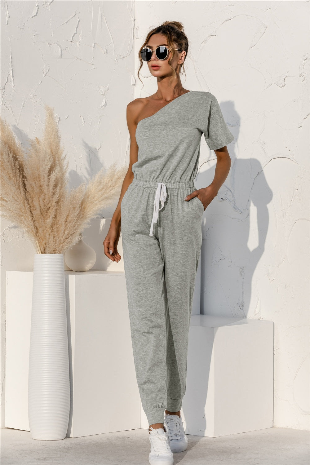 Single Shoulder Short Sleeve Jumpsuit