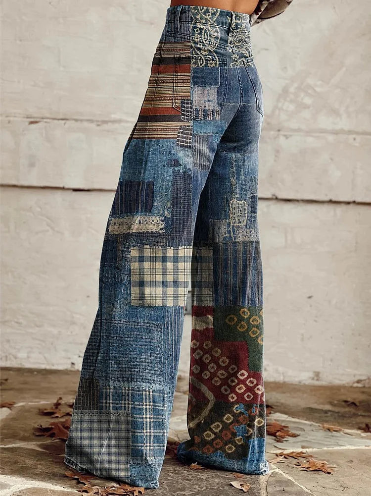 Women's Blue Patchwork Pattern Print Casual Wide Leg Pants