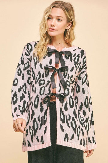 Davi & Dani Leopard Ribbon Tie Front Loose Fit Cardigan