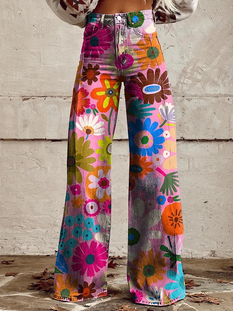 Women's Cartoon Color Flower Print Casual Wide Leg Pants