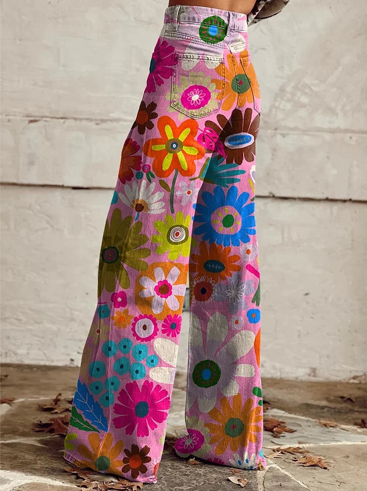 Women's Cartoon Color Flower Print Casual Wide Leg Pants