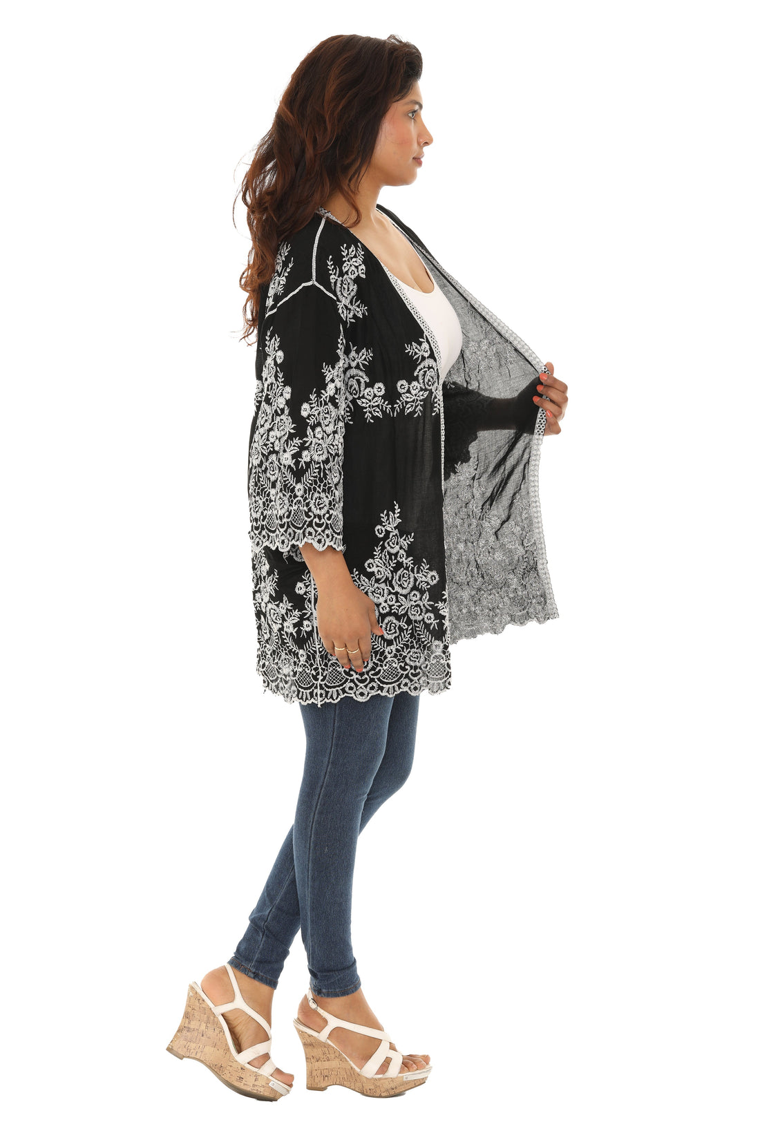 Black & White Embroidered Three-Quarter Sleeve Cardigan