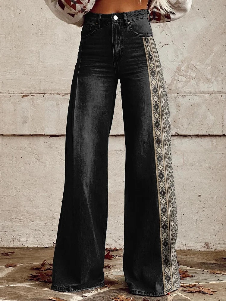 Women's Black Stripe Print Casual Wide Leg Pants