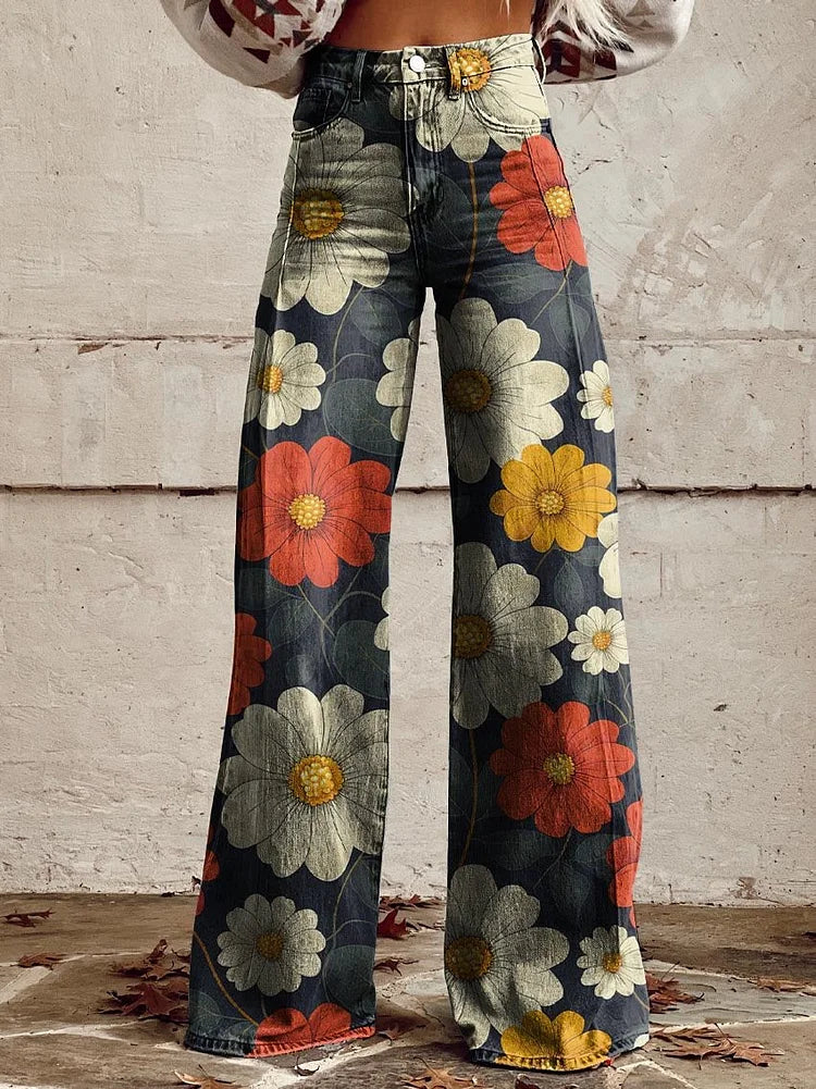 Women's Colorful Flower Geometric Pattern Print Casual Wide Leg Pants