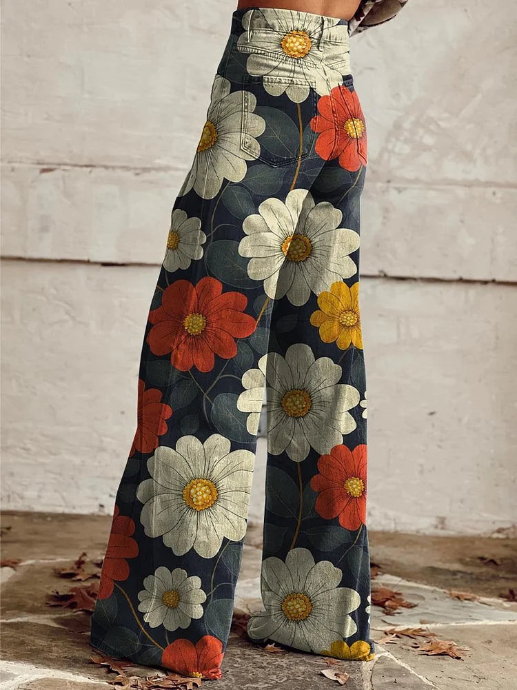 Women's Colorful Flower Geometric Pattern Print Casual Wide Leg Pants