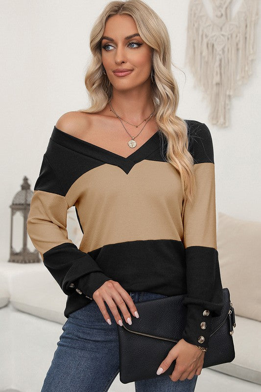 Women Colorblock Decor Long Sleeve V Neck Top