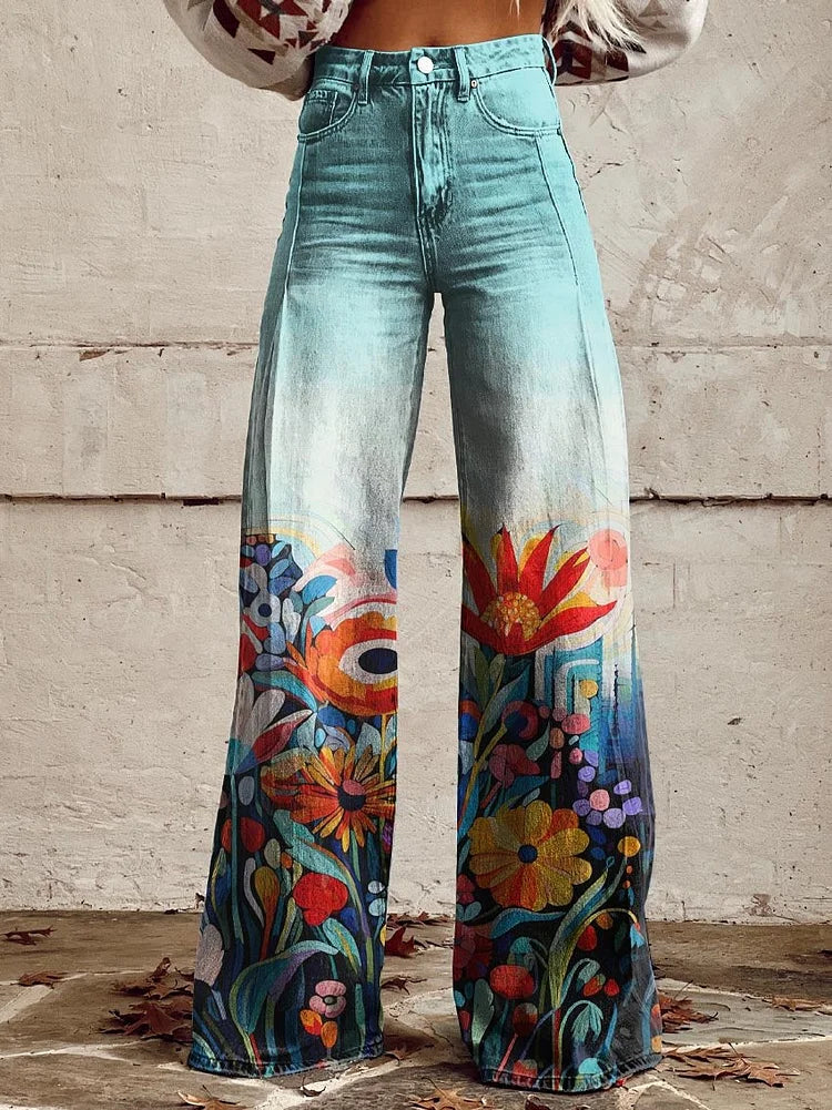 Women's Colorful Flower Geometric Pattern Print Casual Wide Leg Pants