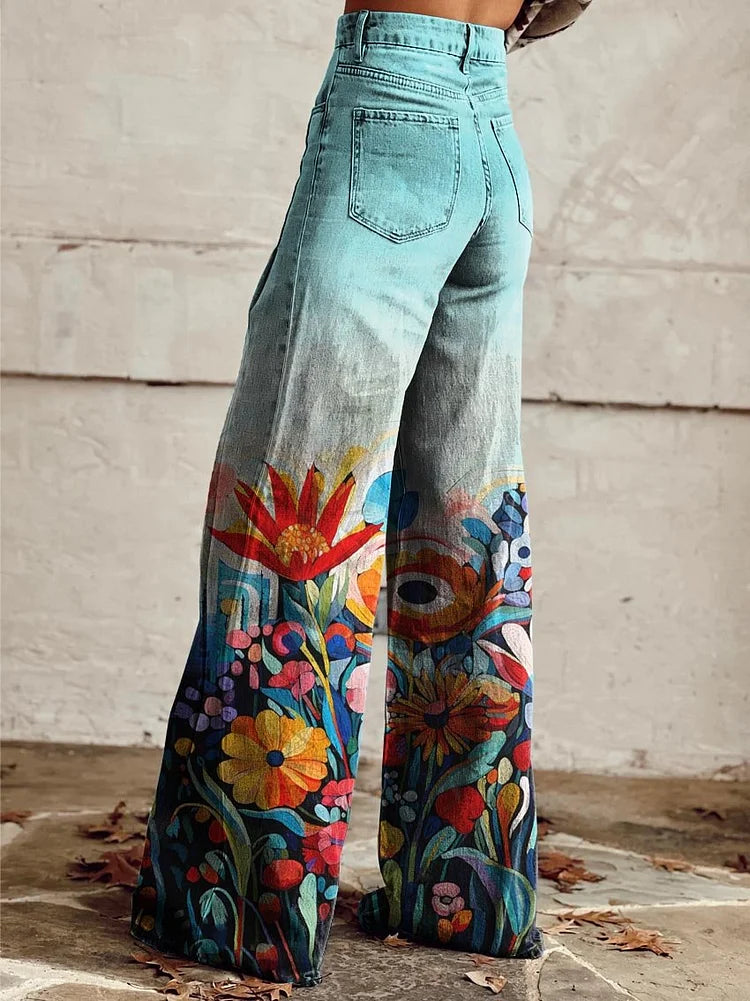 Women's Colorful Flower Geometric Pattern Print Casual Wide Leg Pants