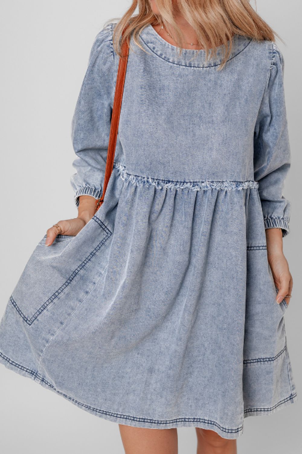 Cutout Round Neck Balloon Sleeve Denim Dress