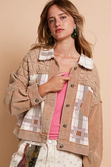 POL Corduroy Jacquard Patchwork Button Up Jacket