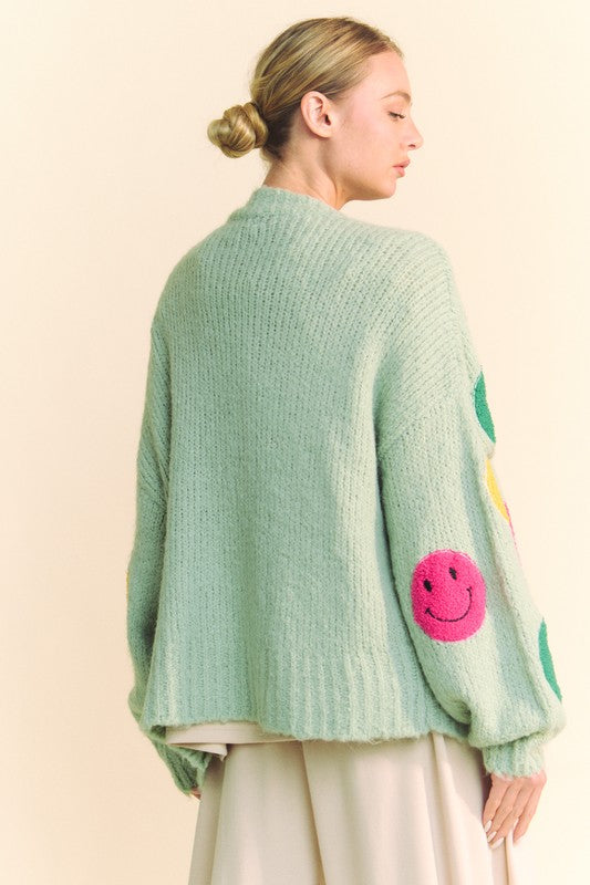 Davi & Dani Fuzzy Smile Open Front Long Sleeve Cardigan