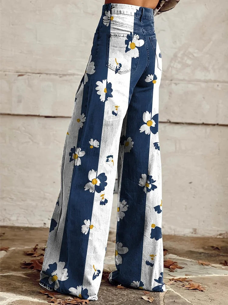 Women's Blue and White Flowers Print Casual Wide Leg Pants