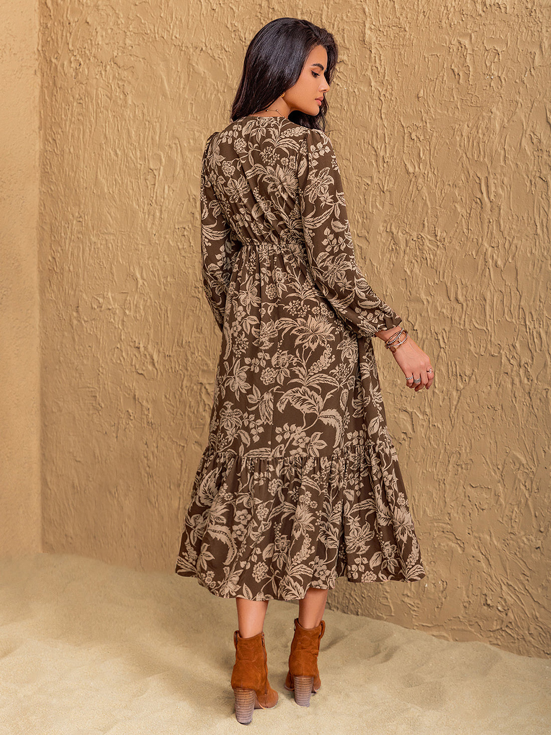 Ruched Printed V-Neck Long Sleeve Midi Dress