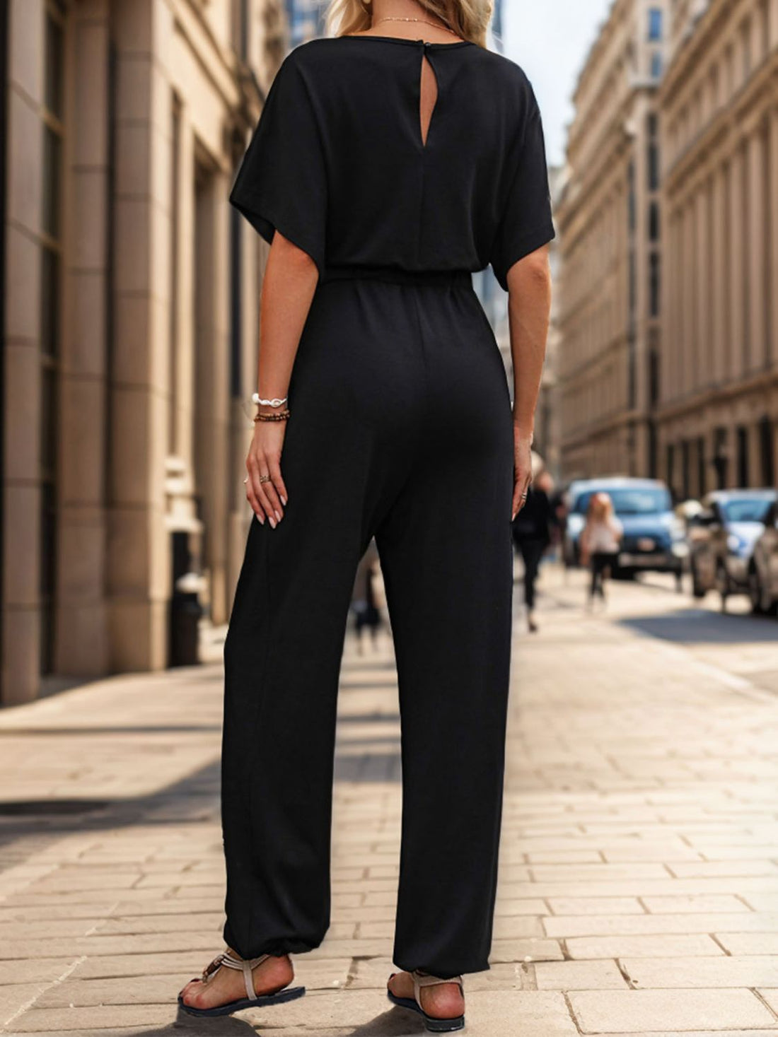 Perfee Notched Half Sleeve Straight Jumpsuit