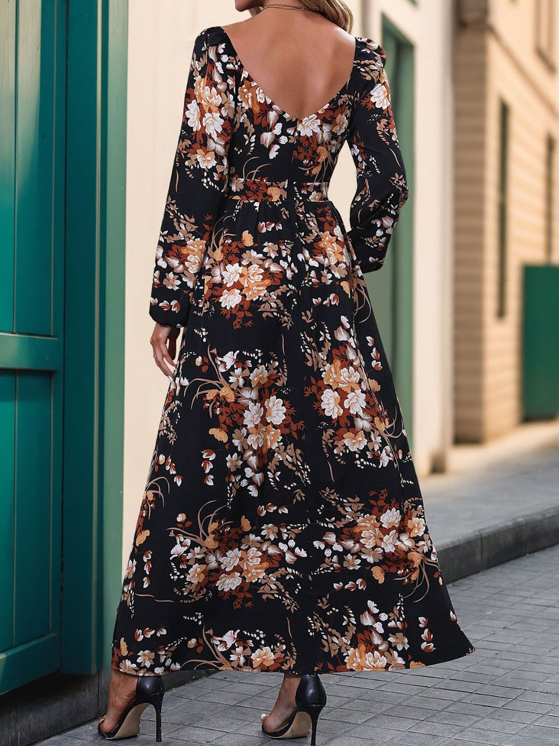 Perfee Slit Printed Surplice Long Sleeve Maxi Dress