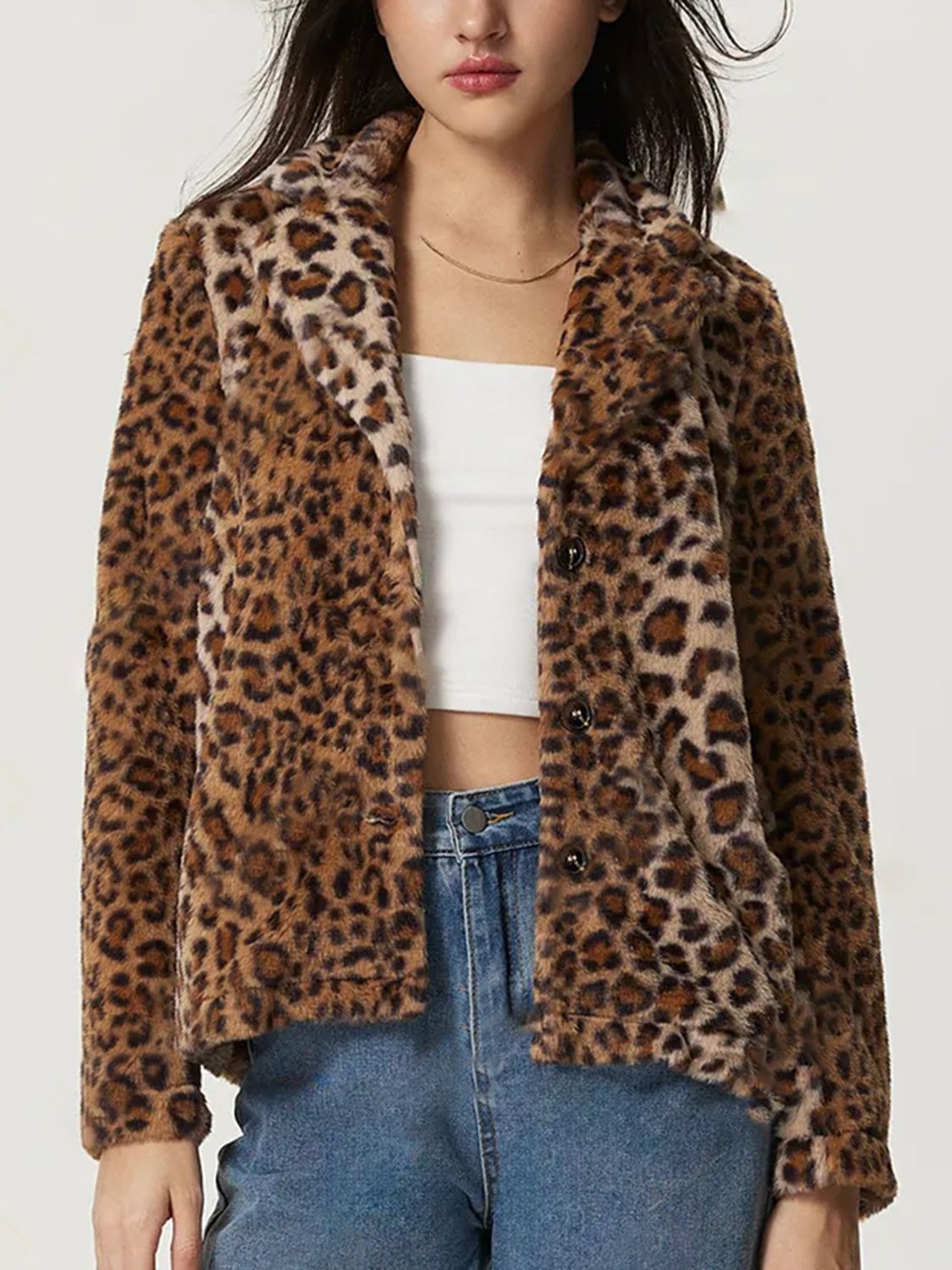 Fuzzy Leopard Collared Neck Jacket