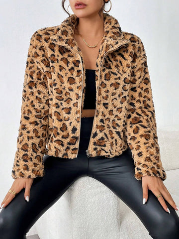 Fuzzy Turtleneck Leopard Zip Up Jacket