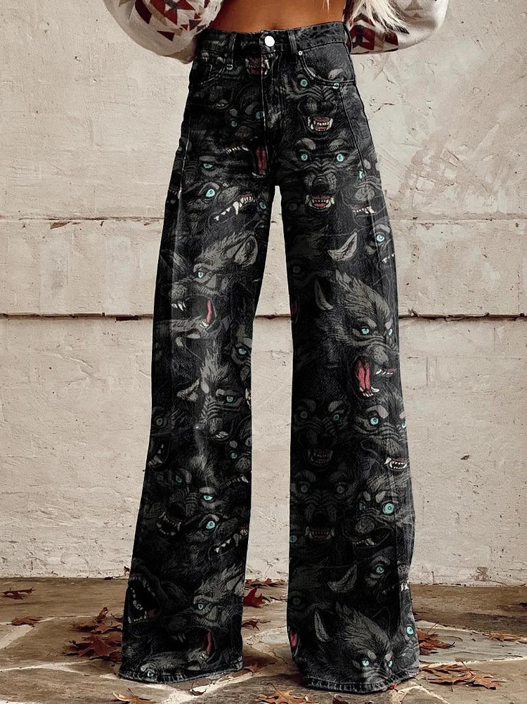 Women's Black Wolf Pack Print Casual Wide Leg Pants