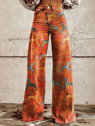 Vintage Wild West Horse Art Print Casual Wide Leg Pants