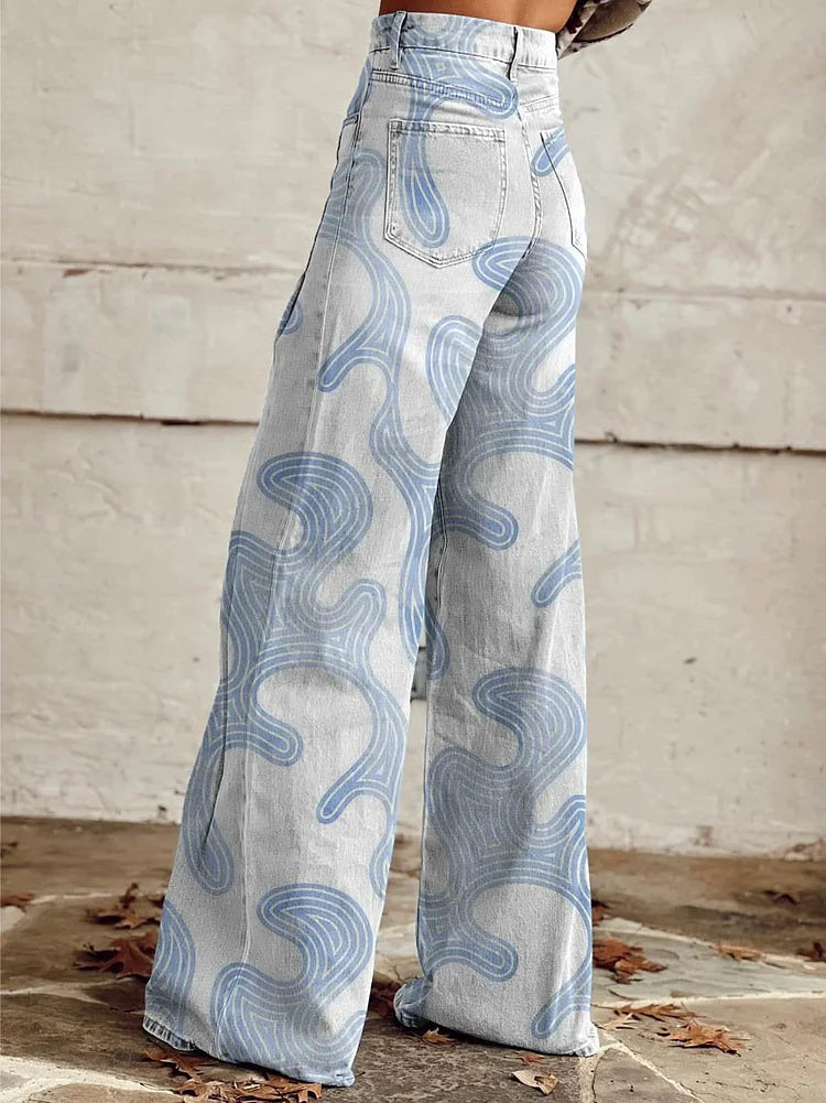 Women's Baby Blue Print Casual Wide Leg Pants