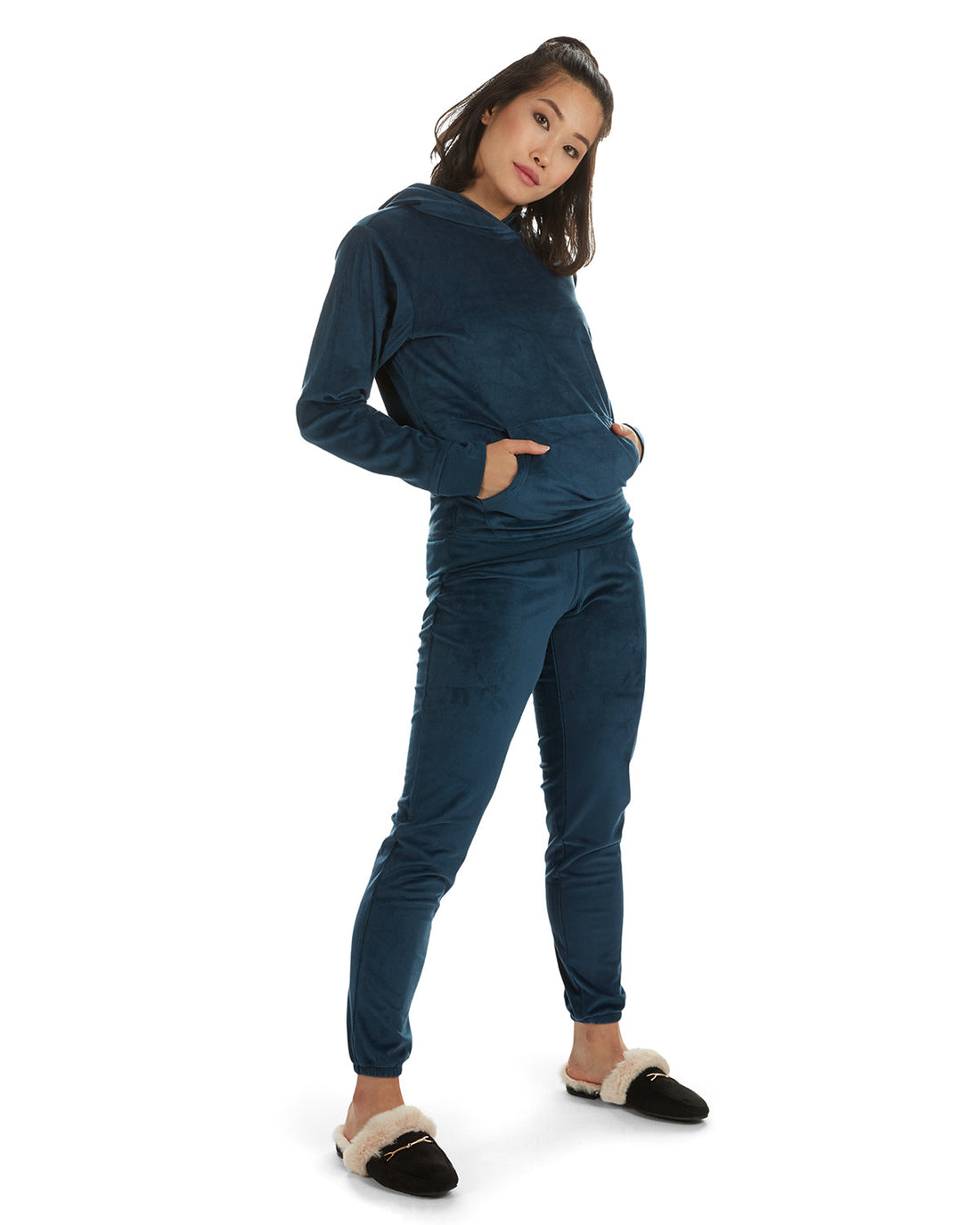 2 Piece Women's Plush Ribbed Velour Hooded Sweatshirt Set