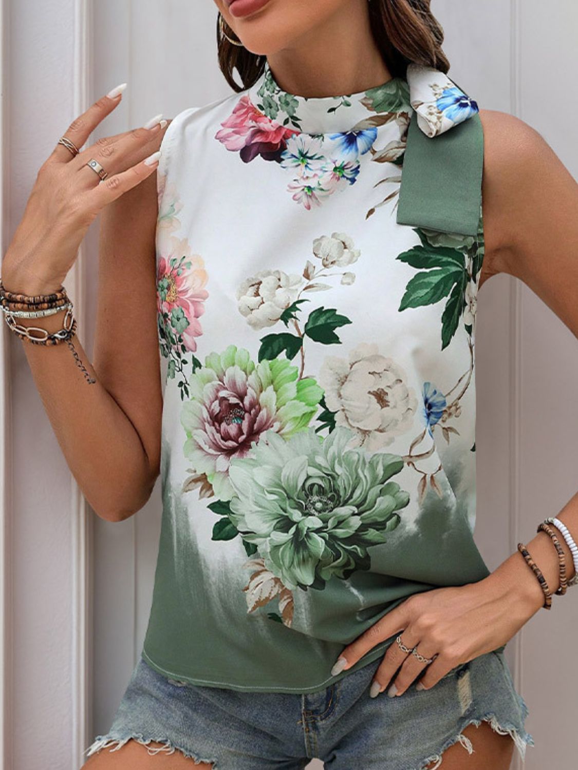 Tied Flower Printed Mock Neck Top