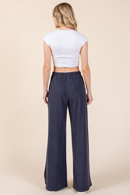 BOMBOM Elastic Waist Wide Leg Pants with Pockets