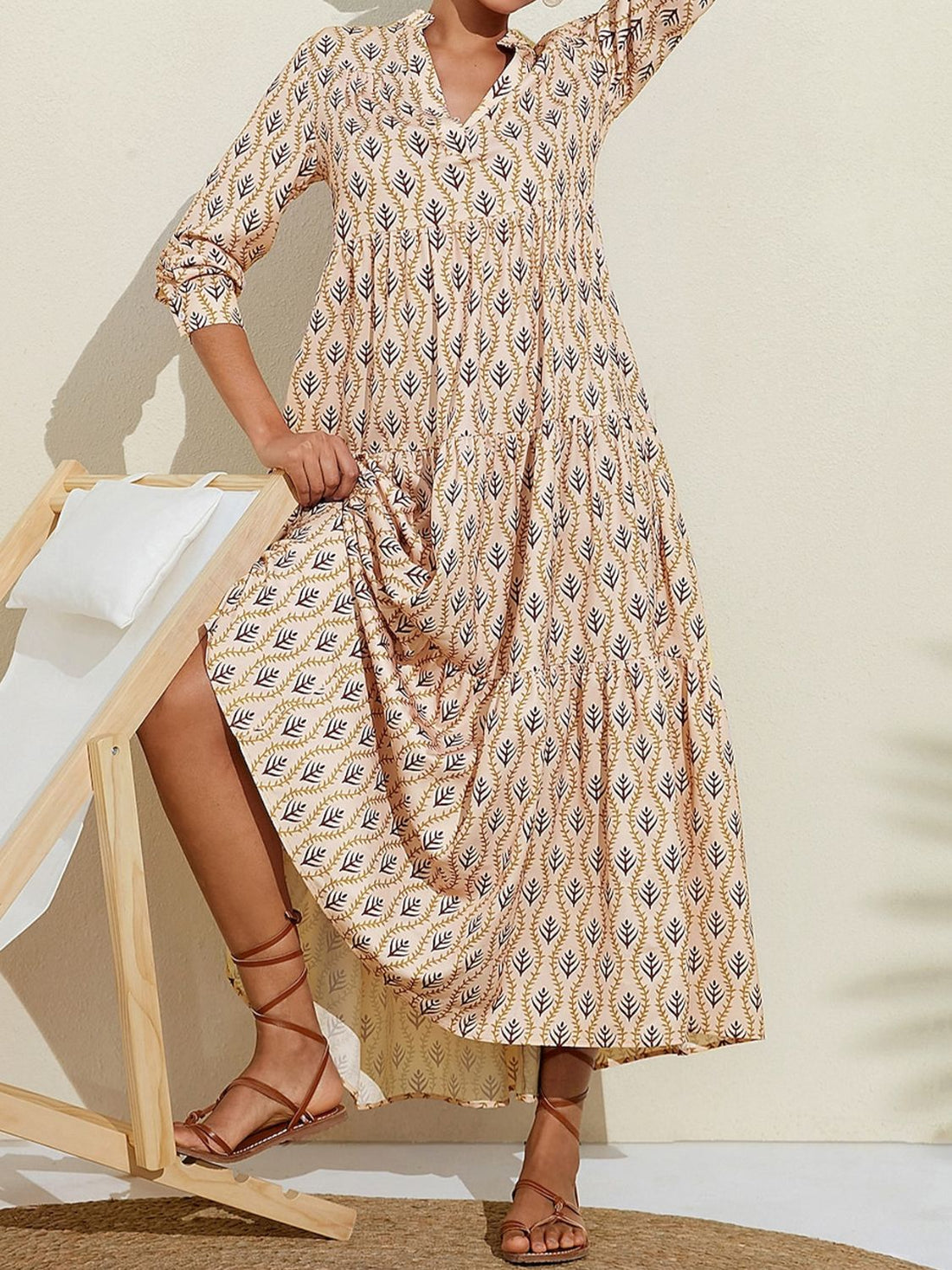 Printed Notched Long Sleeve Midi Dress